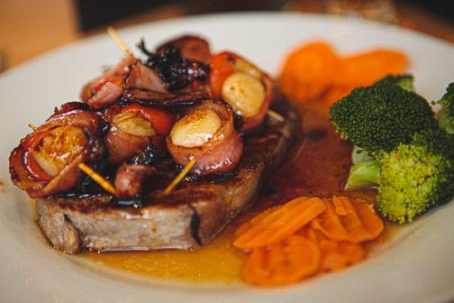 Bacon-Wrapped Scallops with Whisky-Honey Glaze. On Steak. Oh my!